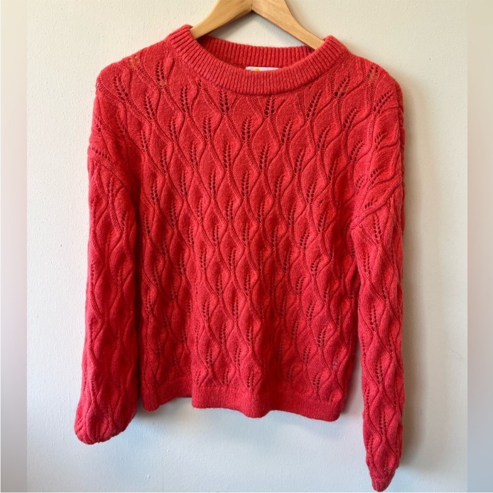 Boden Pointelle Fluffy Sweater Knit Wool Alpaca Blend in bright coral